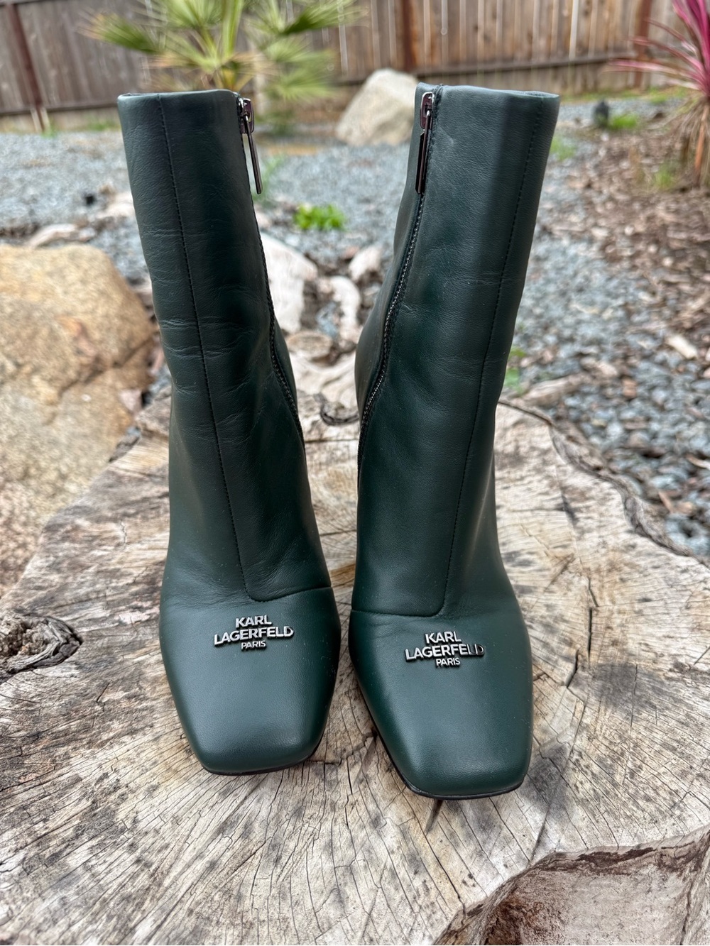 Karl Lagerfeld Forest Green Leather Mid-Calf Boots with Logo Plaque